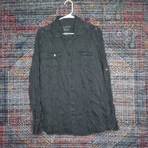 Calvin Klein mens gray military epaulettes Linen roll up button shirt L EUC